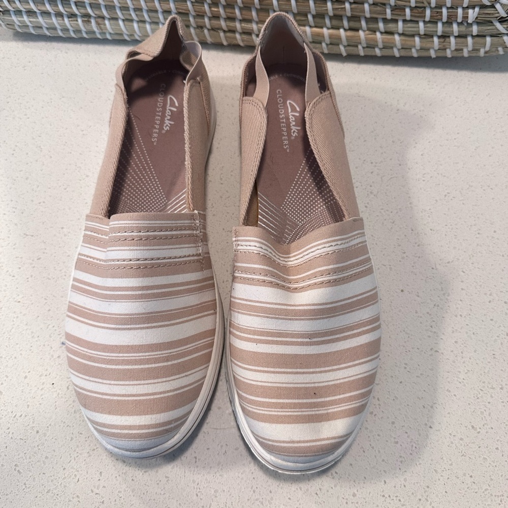 Clarks Women's Striped Slip-On Shoes - Tan and White